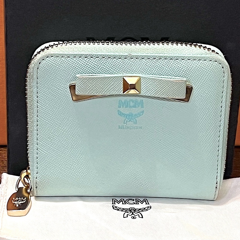 EUC MCM MINA Teal Zip Around Bow tie Compact Card Coin Wallet with Box Dust Bags